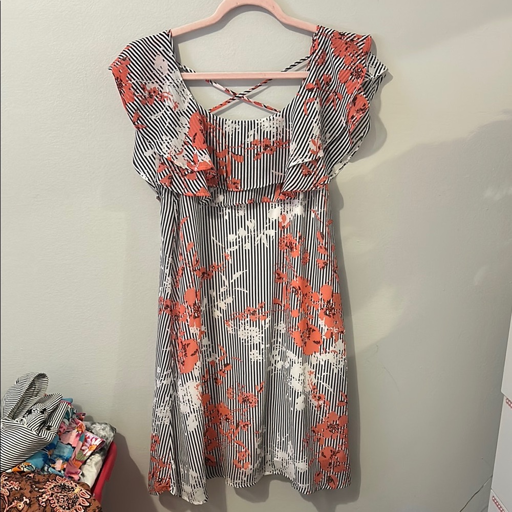 Floral Striped Dress with Ruffle Sleeves